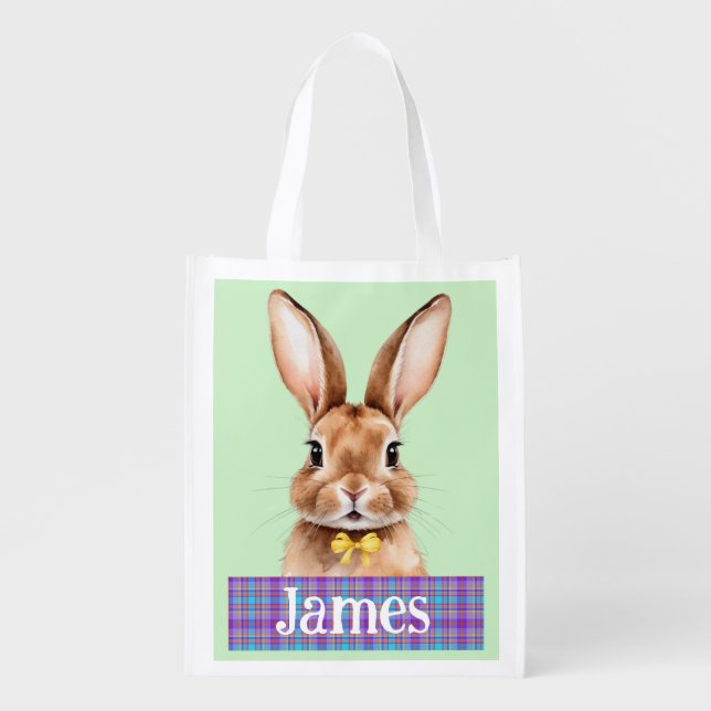 Custom Name Boys Easter Bunny Green Grocery Bag (Front)