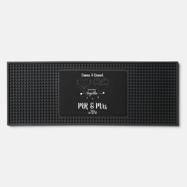 Custom Name Bride and Groom Modern Brush Script  Bar Mat (Front)