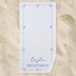 Custom Name Bridesmaid Coastal Hand Drawn Chic Beach Towel<br><div class="desc">This personalized bridesmaid towel is made for oceanside memories. Featuring a minimalist dotted border and hand-drawn seashells in soft blue, it's the perfect addition to beach bachelorette weekends, coastal weddings, or poolside bridal brunches. Customizable with any name and bridal party title, this chic towel brings both elegance and fun. The...</div>