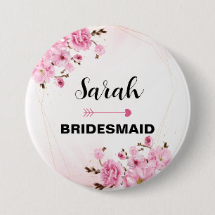 Custom Name Bridesmaid Pink Elegant Flower Button
