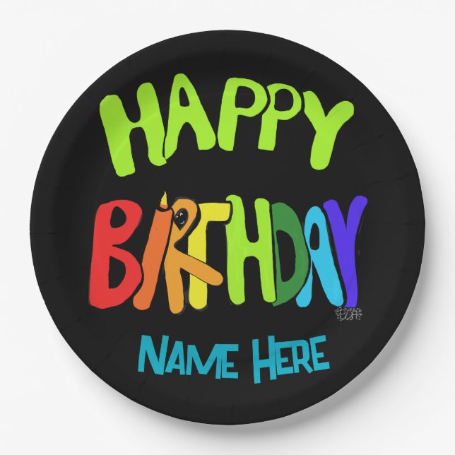 Custom Name Bright and Happy Birthday Paper Plates (Front)