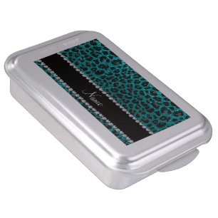 Custom name bright aqua glitter leopard print cake pan