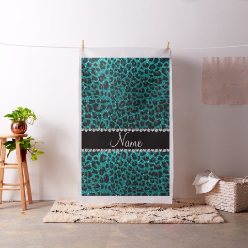 Custom name bright aqua glitter leopard print fabric