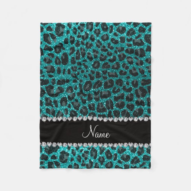 Custom name bright aqua glitter leopard print fleece blanket (Front)