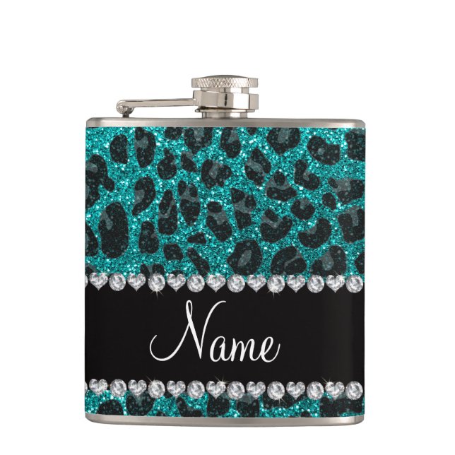 Custom name bright aqua glitter leopard print hip flask (Front)