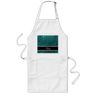 Custom name bright aqua glitter leopard print long apron