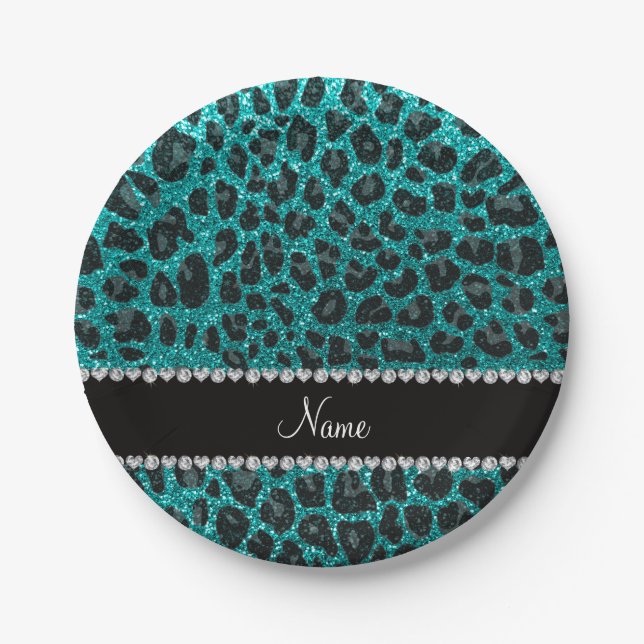 Custom name bright aqua glitter leopard print paper plates (Front)