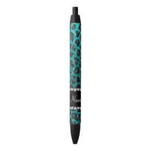 Custom name bright aqua glitter leopard print pen