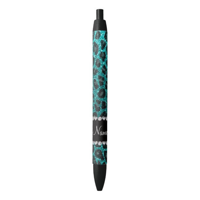 Custom name bright aqua glitter leopard print pen (Front Vertical)