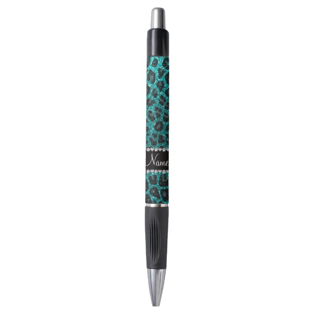 Custom name bright aqua glitter leopard print pen (Front Vertical)