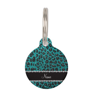 Custom name bright aqua glitter leopard print pet name tag