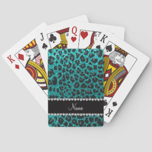 Custom name bright aqua glitter leopard print poker cards