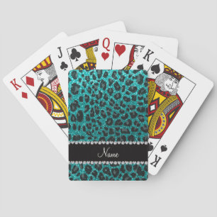 Custom name bright aqua glitter leopard print poker cards