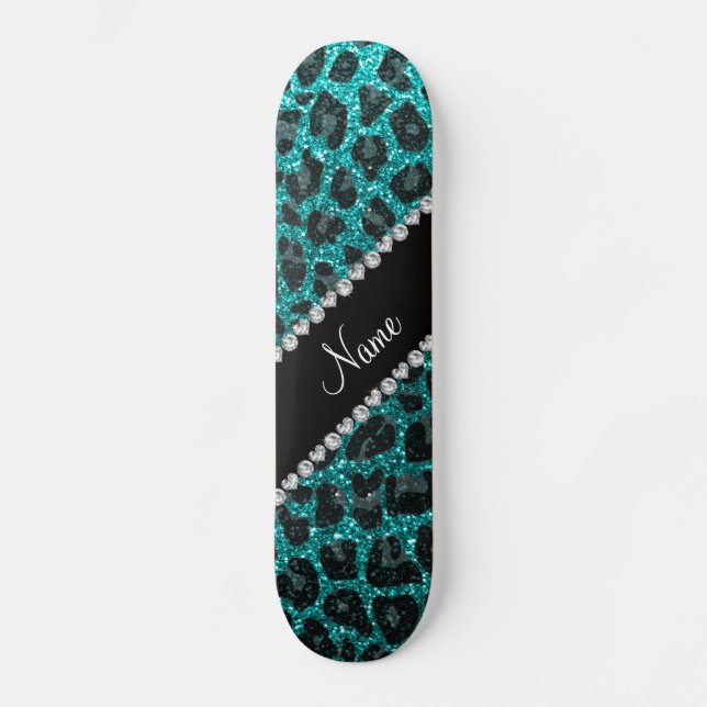 Custom name bright aqua glitter leopard print skateboard deck (Front)