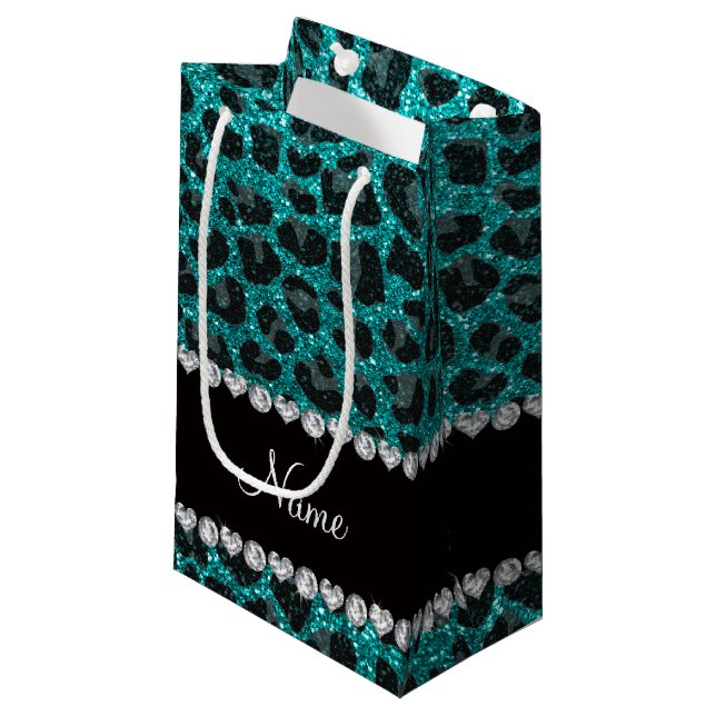 Custom name bright aqua glitter leopard print small gift bag (Front Angled)