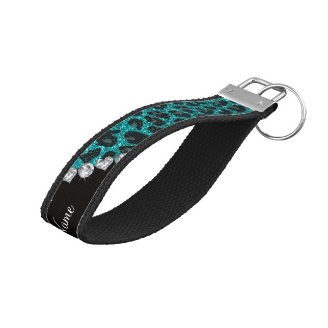 Custom name bright aqua glitter leopard print wrist keychain (Angled Up)