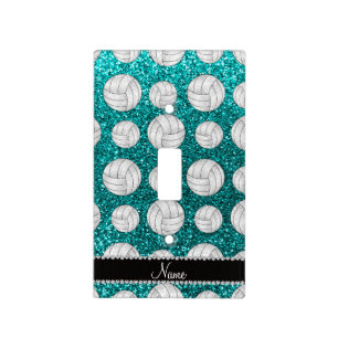 Custom name bright aqua glitter volleyballs light switch cover