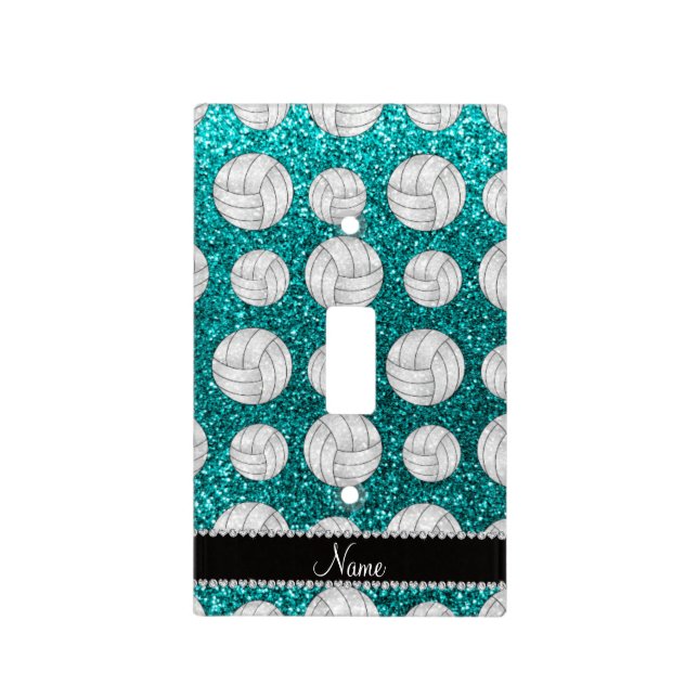 Custom name bright aqua glitter volleyballs light switch cover (Front)