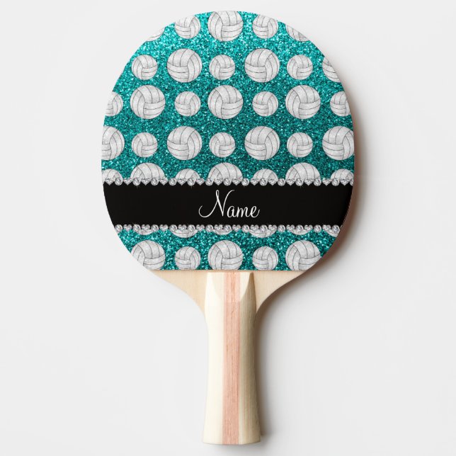 Custom name bright aqua glitter volleyballs Ping-Pong paddle (Front)