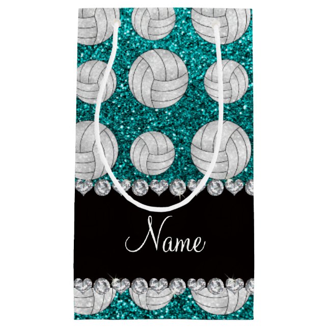 Custom name bright aqua glitter volleyballs small gift bag (Front)