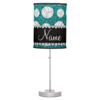 Custom name bright aqua glitter volleyballs table lamp