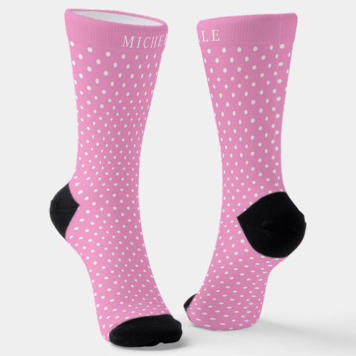 Custom Name Bright Baby Pink White Polka Dot Socks