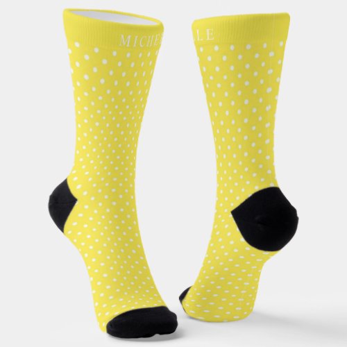 Custom Name Bright Lemon Yellow White Polka Dot Socks