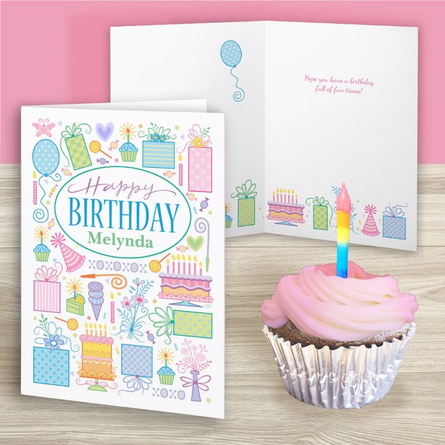 Custom Name Bright Pastel Pretty Birthday Icons Card (Creator Uploaded)