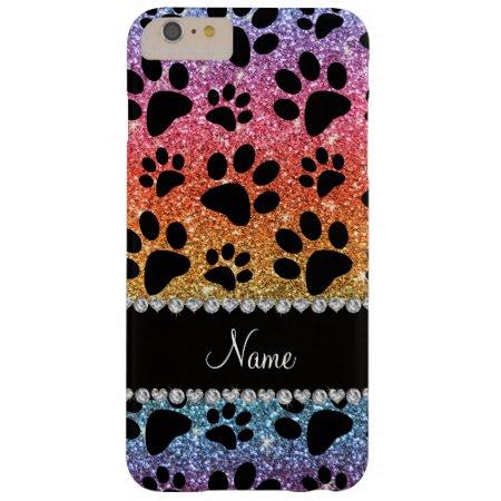 Custom Name Bright Rainbow Glitter Black Dog Paws Barely There Iphone 