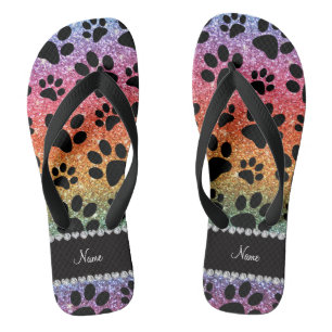 Custom name bright rainbow glitter black dog paws flip flops