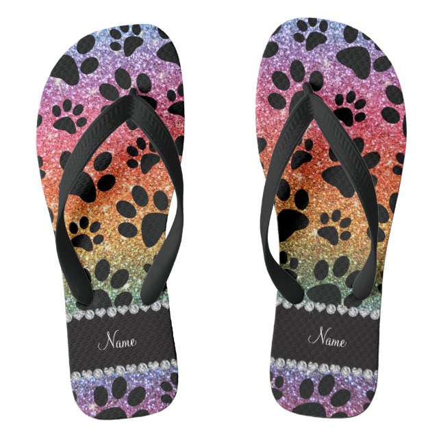 Custom name bright rainbow glitter black dog paws flip flops (Footbed)