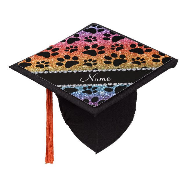 Custom name bright rainbow glitter black dog paws graduation cap topper (Angled)
