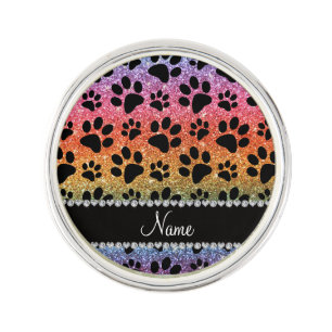 Custom name bright rainbow glitter black dog paws lapel pin