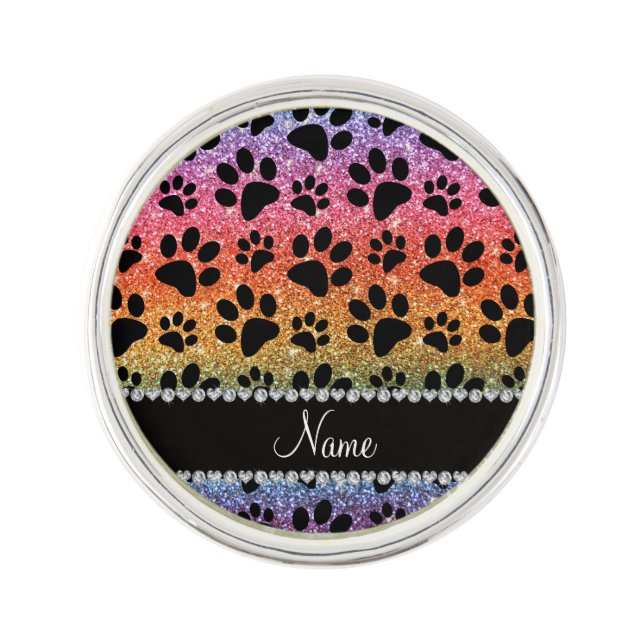 Custom name bright rainbow glitter black dog paws lapel pin (Front)