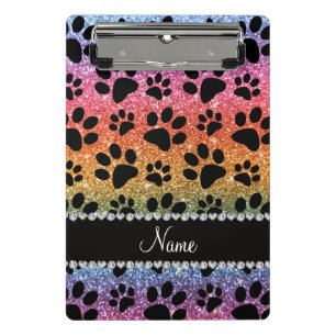 Custom name bright rainbow glitter black dog paws mini clipboard
