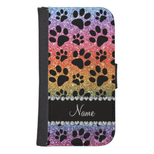 Custom name bright rainbow glitter black dog paws samsung s4 wallet case