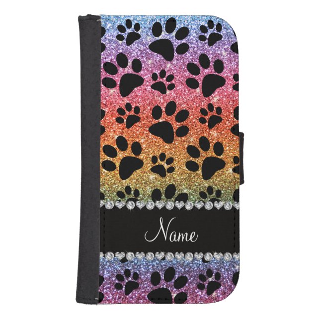 Custom name bright rainbow glitter black dog paws samsung galaxy wallet case (Front)