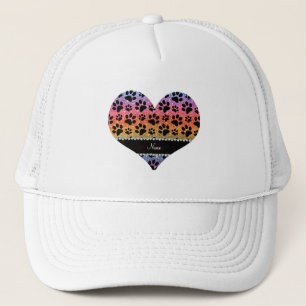 Custom name bright rainbow glitter black dog paws trucker hat