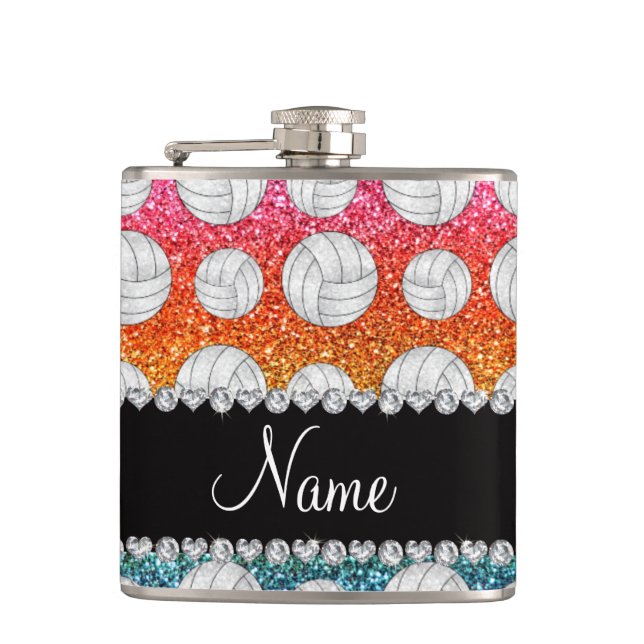 Custom name bright rainbow glitter volleyballs hip flask (Front)