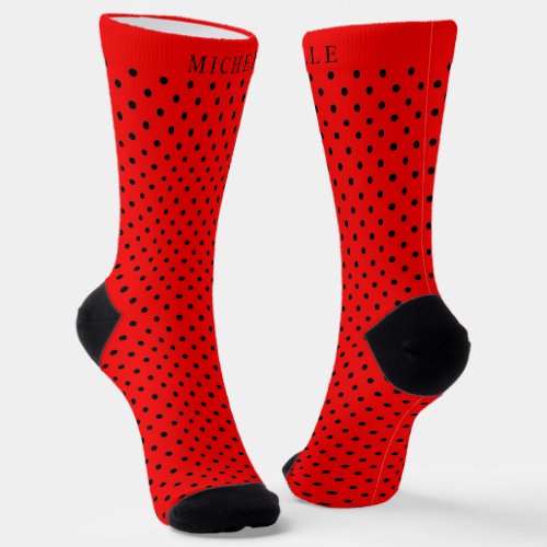 Custom Name Bright Scarlet Red Black Polka Dot Socks