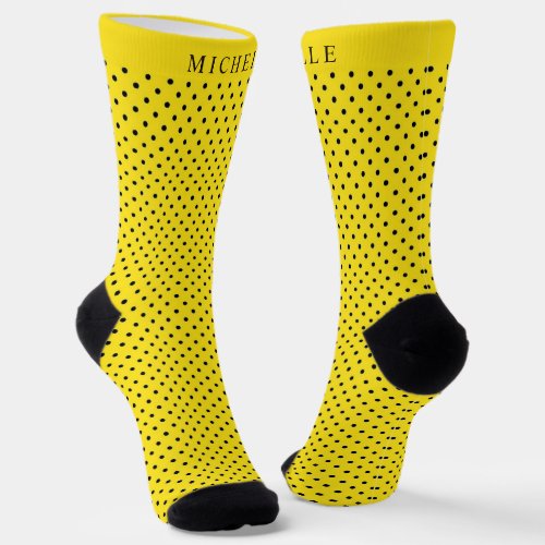Custom Name Bright Sunny Yellow Black Polka Dot Socks