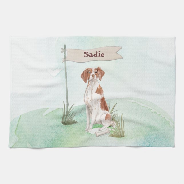 Custom Name Brittany Pet Dog Kitchen Towel (Horizontal)