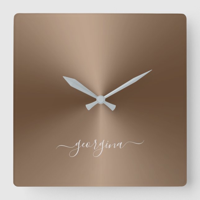 Custom Name Bronze Metallic Style Acrylic Square Wall Clock (Front)