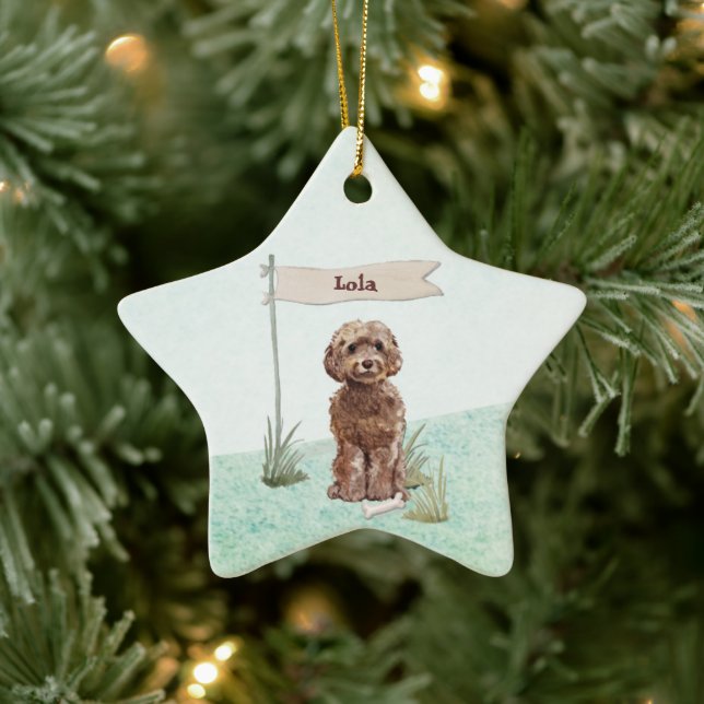 Custom Name Brown Cockapoo Pet Dog Ceramic Ornament (Tree)