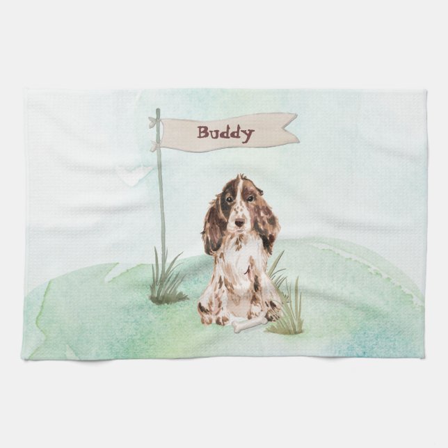 Custom Name Brown Cocker Spaniel Pet Dog Kitchen Towel (Horizontal)