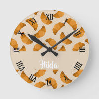 Custom name brown croissants pattern round clock