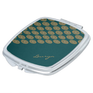 Custom name brown floral on pine green compact mirror