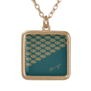 Custom name brown floral on pine green gold plated necklace
