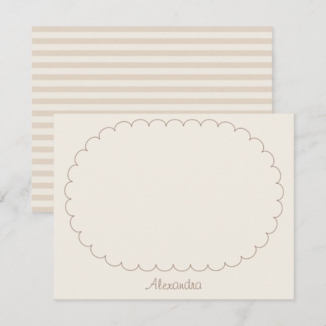 Custom Name Brown Frame Script and Stripes Ivory  Note Card (Front/Back)