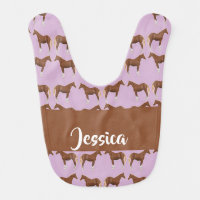 Custom name brown horses on pink baby bib